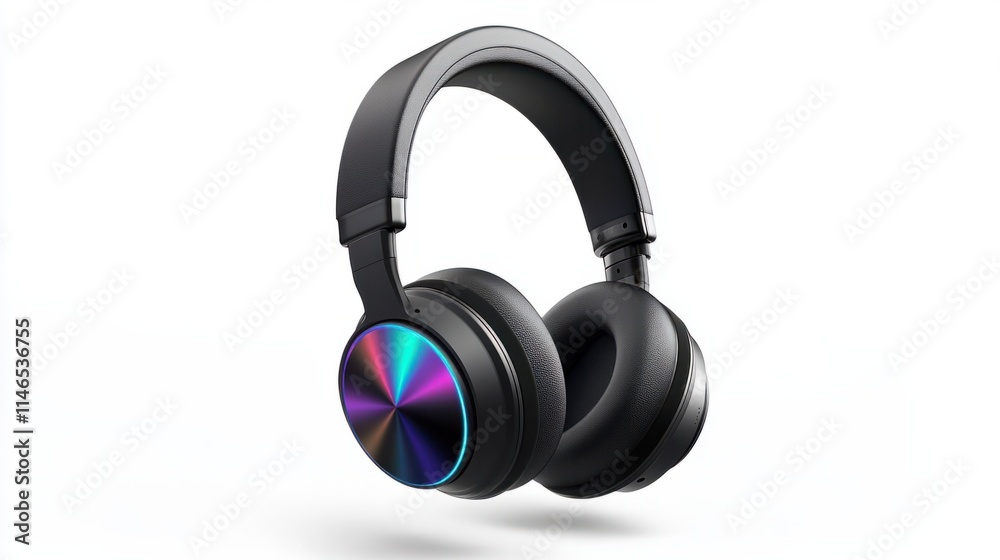A bold pair of wireless headphones featuring gradient LED lighting patterns, floating elegantly against a white background A bold pair of wireless headphones featuring gradient LED lighting patterns, floating elegantly against a white background