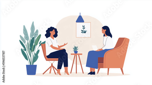 In a quiet therapy room, a woman is engaged in a heartfelt conversation with her therapist. The therapist offers a compassionate ear, providing emotional support and helping the wo