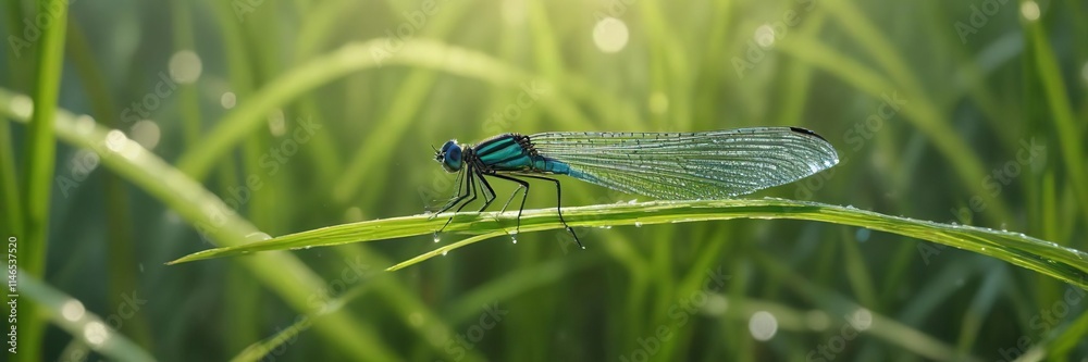 Banded demoiselle butterfly resting on a wet blade of grass in morning dew, County Durham, wet blades, insects Banded demoiselle butterfly resting on a wet blade of grass in morning dew, County Durham, wet blades, insects