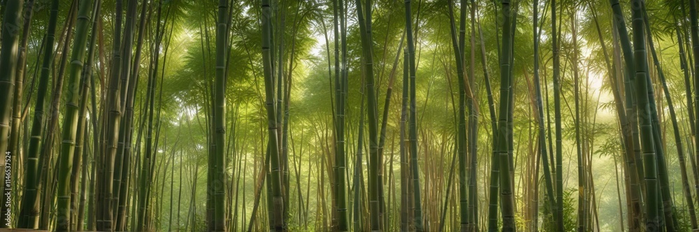 Fototapeta premium Bamboo grove in Pista green color palette, sunlight filtering through the canopy with a warm glow, nature background, warm tones, canopy