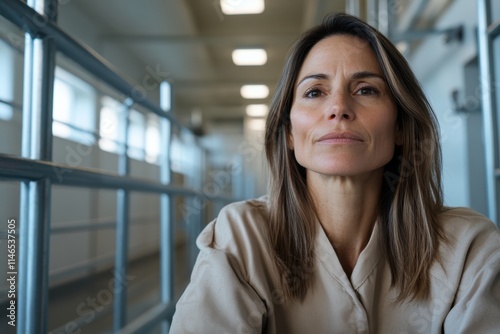 A serious woman in a beige outfit gazes confidently, symbolizing resilience and strength amidst an incarceration backdrop filled with complex emotions and narratives. photo