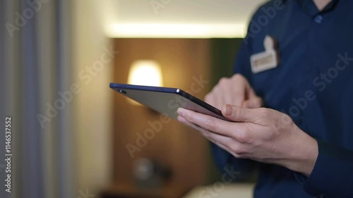 Male hand pushes buttons on a white landline telephone placed on a wooden table in hostel room. Anonymous hand dialing number on telephone. Tourist connects with reception by phone.