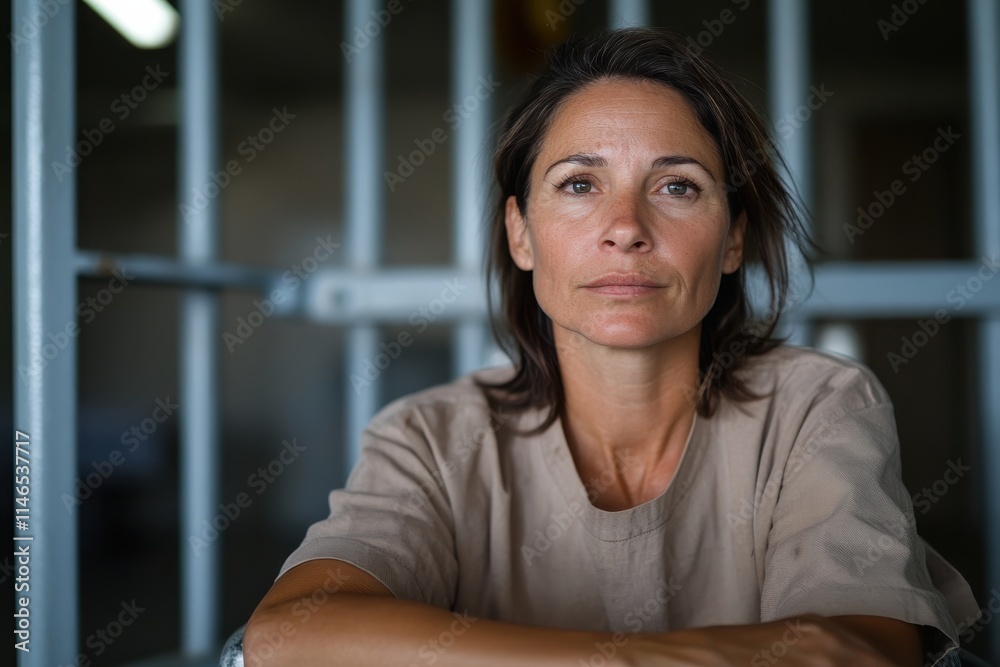 A woman dressed in prison attire reflects thoughtfully, showcasing the emotional weight of confinement and the complexity of human experiences behind bars. A woman dressed in prison attire reflects thoughtfully, showcasing the emotional weight of confinement and the complexity of human experiences behind bars.