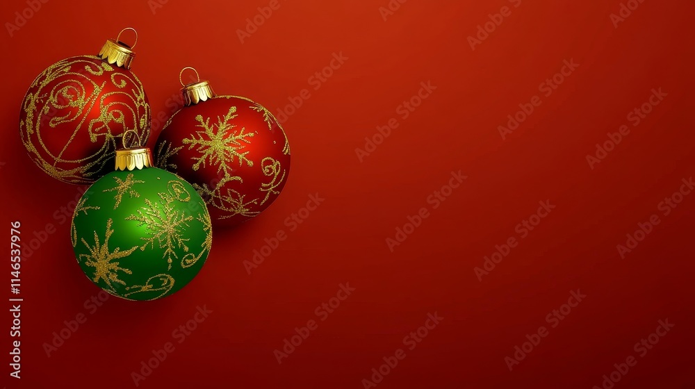 Festive New Year Banner with Christmas Ornaments on a Rich Red Background for Holiday Celebrations Festive New Year Banner with Christmas Ornaments on a Rich Red Background for Holiday Celebrations