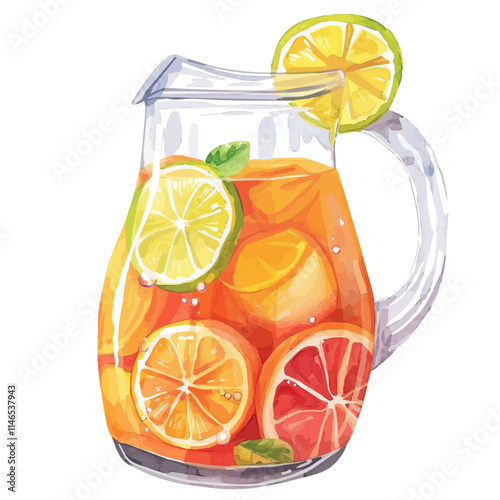 A watercolor drawing of a tropical juice pitcher with citrus slices, isolated on a white background. Tropical juice pitcher vector.
