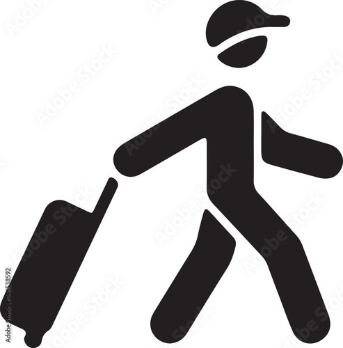 Illustration of a silhouette stick figure wearing a hat, carrying a suitcase, and pulling another suitcase icon