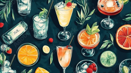 colorful cocktail illustration with fresh fruit and herbs photo