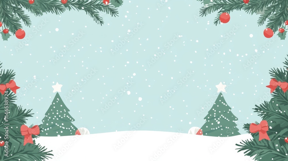 Obraz premium Illustration of New Year Celebration with Snowflakes and Christmas Trees in a Festive Winter Landscape