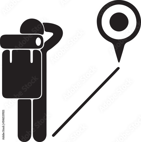 Illustration of a silhouette stick figure wearing a backpack, looking at the destination path icon