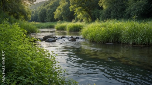 Serene river landscape with calm water and lush greenery in a tranquil natural setting