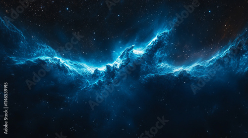 Cosmic clouds illuminated by blue light in the vastness of space. 