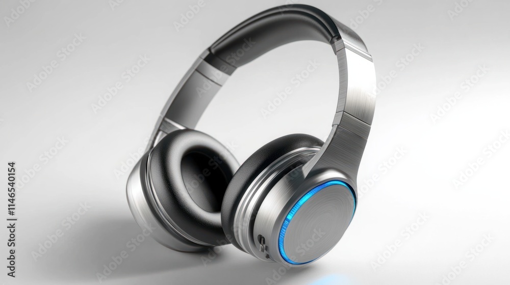 Over-ear wireless headphones in sleek silver with bright blue LED highlights, creating a premium look, isolated on white Over-ear wireless headphones in sleek silver with bright blue LED highlights, creating a premium look, isolated on white