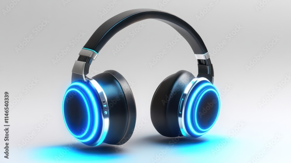 Over-ear wireless headphones with glowing blue LED rings on both sides, showcasing a premium look, isolated on white Over-ear wireless headphones with glowing blue LED rings on both sides, showcasing a premium look, isolated on white