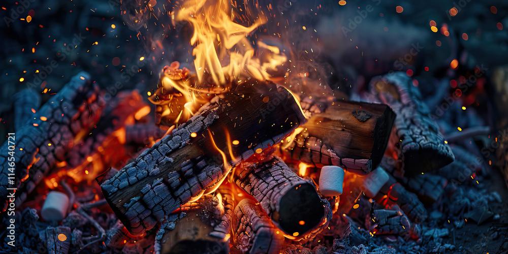 Fototapeta premium Bonfire with Burning Wood and Marshmallows