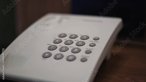 Male hand pushes buttons on a white landline telephone placed on a wooden table in hostel room. Anonymous hand dialing number on telephone. Tourist connects with reception by phone.