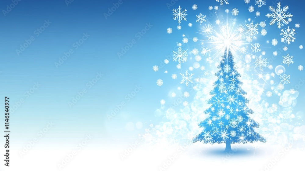 Serene Winter Landscape with Snowflakes and a Glowing Blue Holiday Tree Against a Soft Sky Background Serene Winter Landscape with Snowflakes and a Glowing Blue Holiday Tree Against a Soft Sky Background