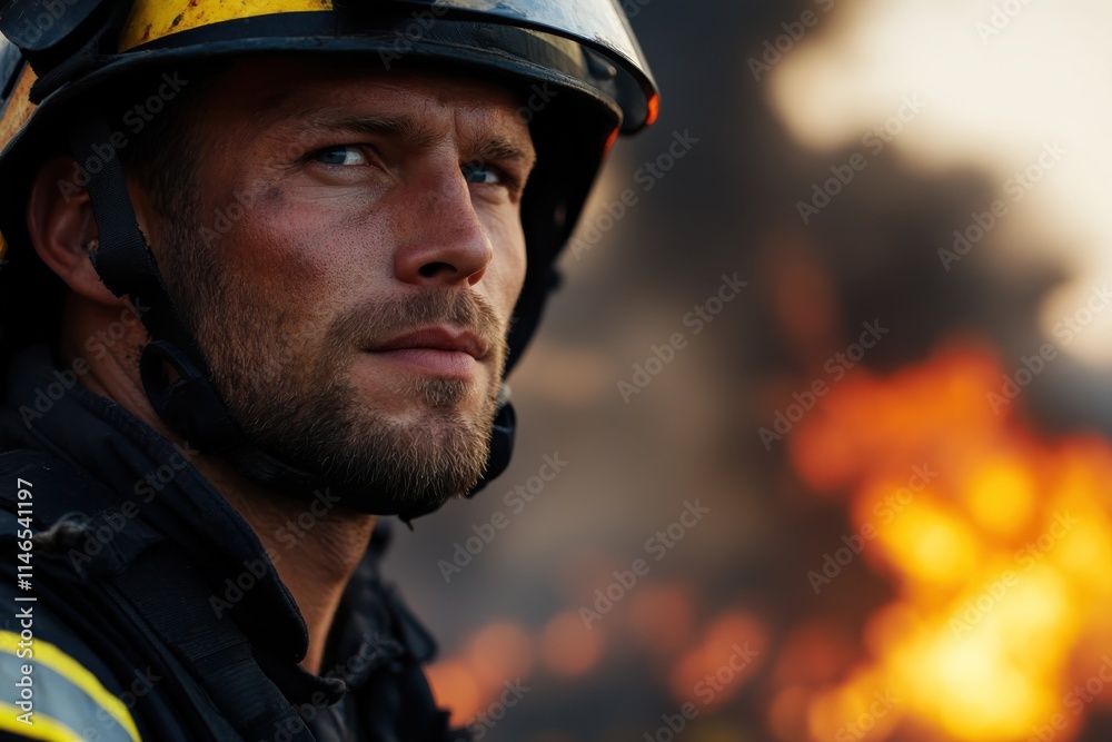A poised firefighter gazes into the distance, presenting a blend of strength and determination while battling a fierce wildfire enveloping the landscape behind him. A poised firefighter gazes into the distance, presenting a blend of strength and determination while battling a fierce wildfire enveloping the landscape behind him.