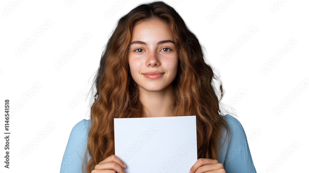 Young woman holding blank paper on transparent background Young woman holding blank paper on transparent background