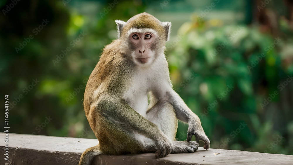 Japanese macaque sitting on a bench in the mountain Japanese macaque sitting on a bench in the mountain
