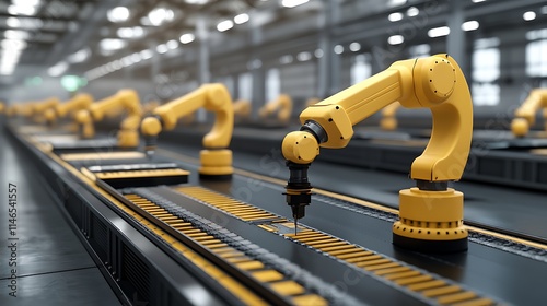 Automated Assembly Line:  A mesmerizing view of a futuristic assembly line, showcasing a series of agile yellow robotic arms meticulously working in perfect synchronicity. photo