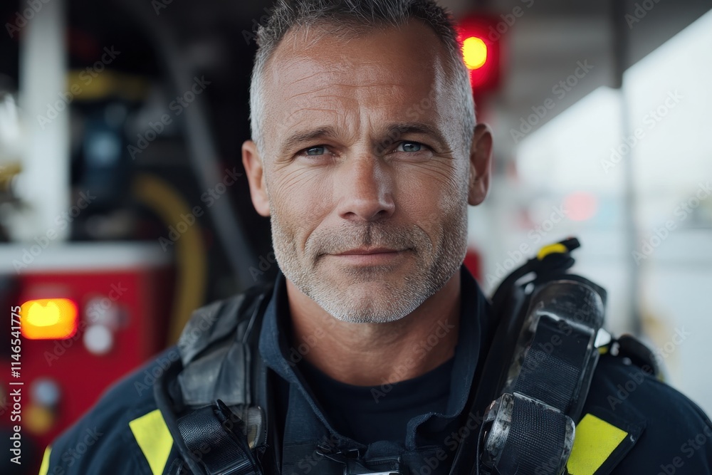 A powerful image of a firefighter standing confidently, embodying bravery and determination, symbolizing the heroic spirit found in emergency services and the fight against fire. A powerful image of a firefighter standing confidently, embodying bravery and determination, symbolizing the heroic spirit found in emergency services and the fight against fire.