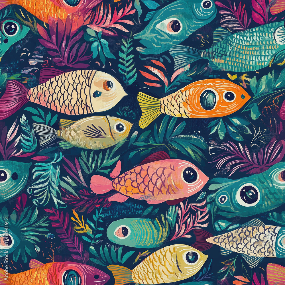 Colorful fish swim in a vibrant underwater patterned world with abstract flora and bubbles Colorful fish swim in a vibrant underwater patterned world with abstract flora and bubbles
