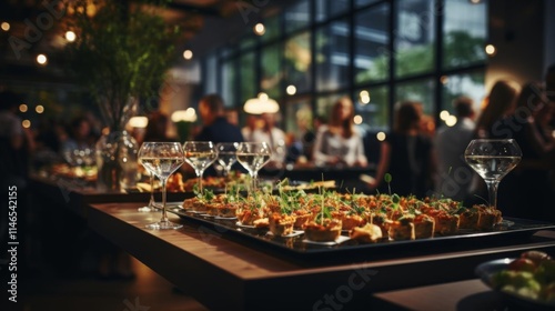A table with a variety of appetizers and drinks, including wine glasses