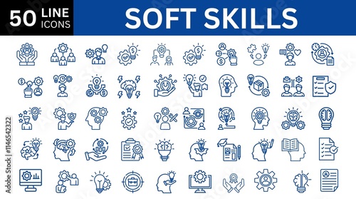 Set of 50 outline icons related to soft skills. Linear icon collection. Editable stroke. Vector illustration