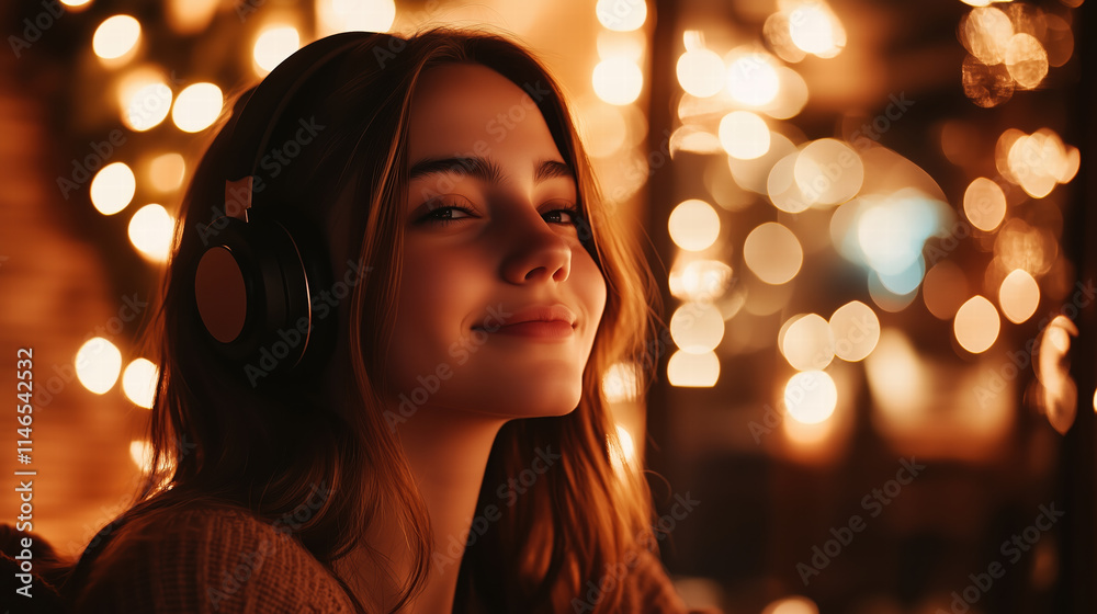 young woman with headphones enjoys music in cozy, illuminated setting filled with warm lights. Her serene expression reflects moment of relaxation and joy young woman with headphones enjoys music in cozy, illuminated setting filled with warm lights. Her serene expression reflects moment of relaxation and joy