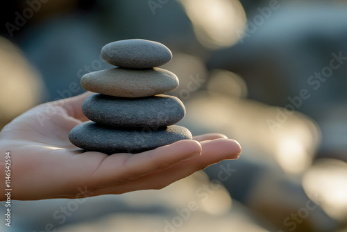 Stacked stones balanced on a hand, symbolizing mindfulness, harmony, balance, peace, and serenity, perfect for wellness, meditation, and relaxation themes in a natural setting photo