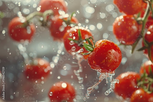 Fresh tomatoes bursting with energy and vibrant splashes photo