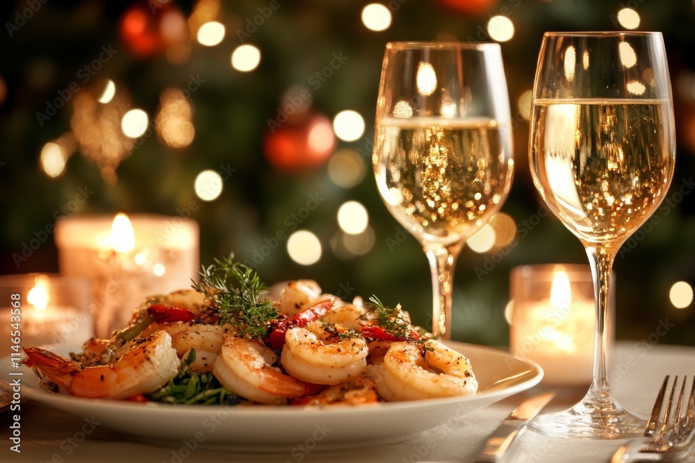A festive dinner setting featuring shrimp, candles, and sparkling wine. A festive dinner setting featuring shrimp, candles, and sparkling wine.