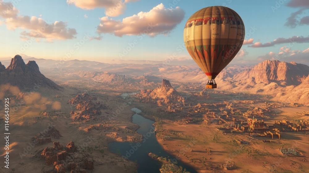 Obraz premium hot air balloon over desert landscape at sunset