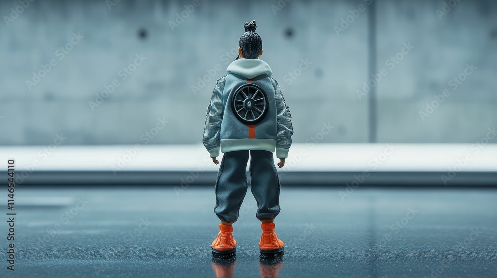 Fototapeta premium Gray-clad figurine; back view; wheel detail.