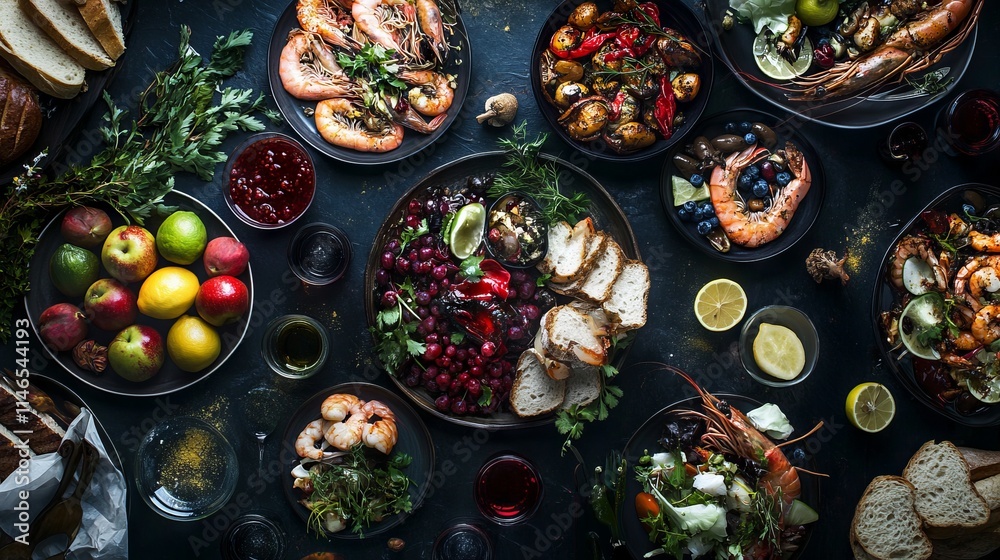 Fototapeta premium Colorful Composition of Seafood Dishes on Dark Background with Copy Space, AI generated illustration.