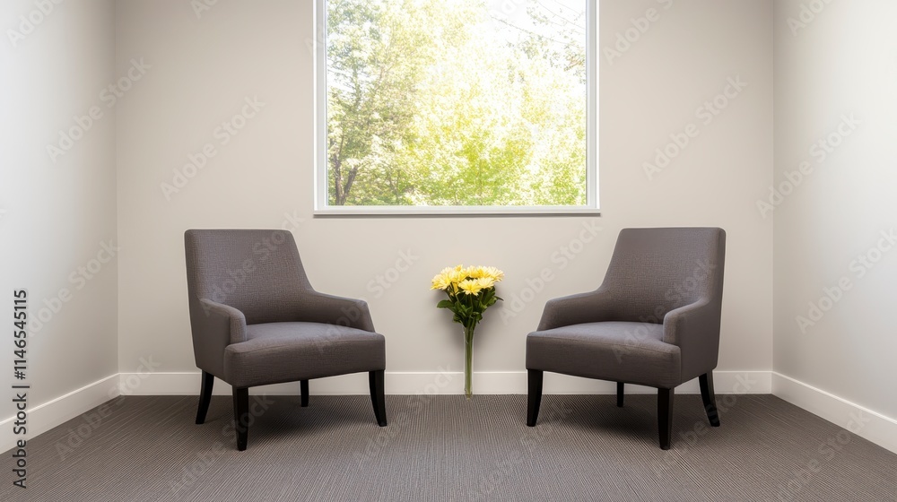 A serene room with two gray chairs facing each other, a flower bouquet in between, and a bright window showcasing greenery outside. A serene room with two gray chairs facing each other, a flower bouquet in between, and a bright window showcasing greenery outside.