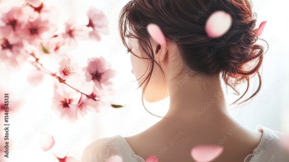 Naklejka premium Pink Cosmos flower on long hair of beauty woman in studio,spring or summer concept,creative bright image for advertising products for hair,copy space,Bridal hairstyle with real flowers.