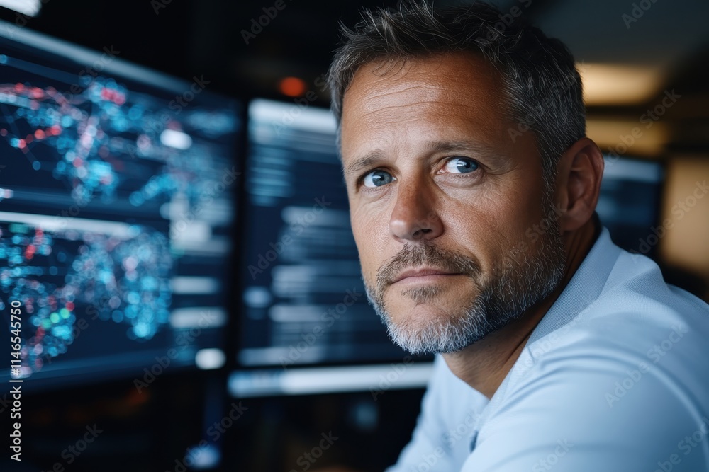 A confident professional delves into graphical data sources, representing the dynamic intersection of technology and analytical thinking in today's data-centric world.