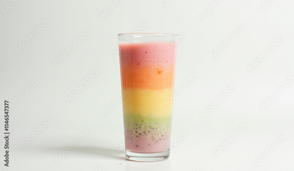 A tall glass of layered rainbow smoothie, with each layer representing a vibrant fruit color, placed against a clean white background for a minimalistic, elegant aesthetic A tall glass of layered rainbow smoothie, with each layer representing a vibrant fruit color, placed against a clean white background for a minimalistic, elegant aesthetic