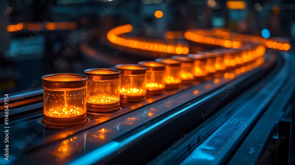 Illuminated Conveyor Belt: Abstract industrial scene with glowing orange lights on a moving conveyor belt at night. Focus on the warm light and smooth lines creating a futuristic. Illuminated Conveyor Belt: Abstract industrial scene with glowing orange lights on a moving conveyor belt at night. Focus on the warm light and smooth lines creating a futuristic.