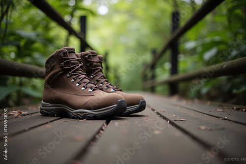 Stylish brown boots on a serene wooden bridge surrounded by lush greenery, showcasing outdoor adventure spirit and nature connection. photo