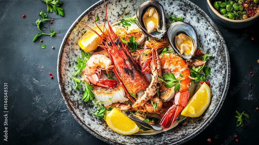 Luxury Seafood Dishes on Marble Plates, Top View, Exquisite Decor and High-Resolution Photography. AI generated illustration Luxury Seafood Dishes on Marble Plates, Top View, Exquisite Decor and High-Resolution Photography. AI generated illustration