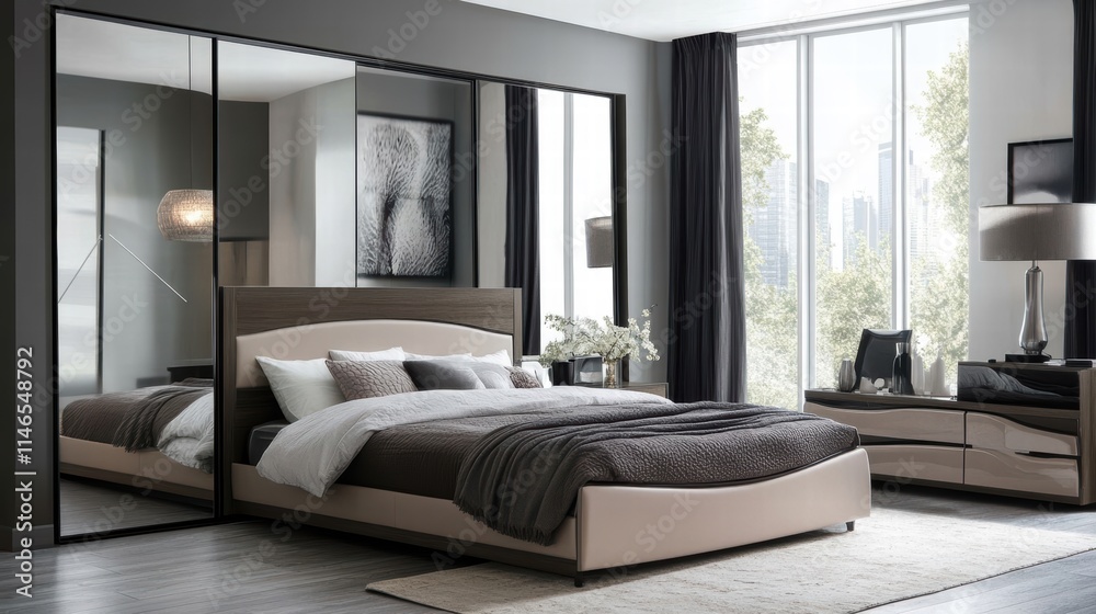 Fototapeta premium modern beige and dark wood bedroom suite with mirrored walls