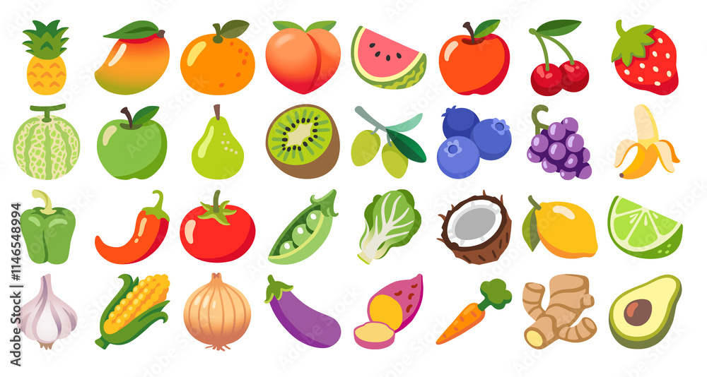 vegetables and fruits isolated on white background 