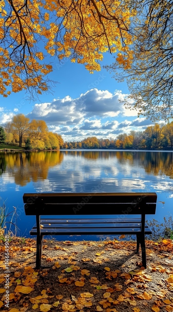 Obraz premium Serene Autumn Lake Scene, Bench View