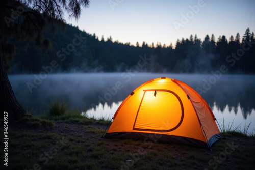 Tranquil Sunrise by the Lake with Glowing Tent in Misty Morning, Perfect for Outdoor Adventure and Camping Photography