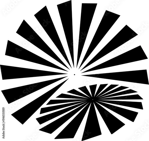  black design element, radial circle of triangle shapes, spiky lines, stripes. Sun rays, starburst design. Transparent background. Abstract vector
