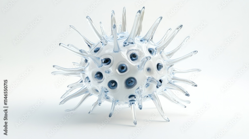 A magnified 3D model of a virus cell, highlighting its core structure and flexible spikes, isolated on white A magnified 3D model of a virus cell, highlighting its core structure and flexible spikes, isolated on white