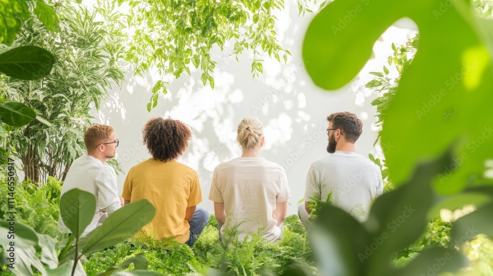 Obraz premium Community Discussion on Sustainability in Lush Urban Garden