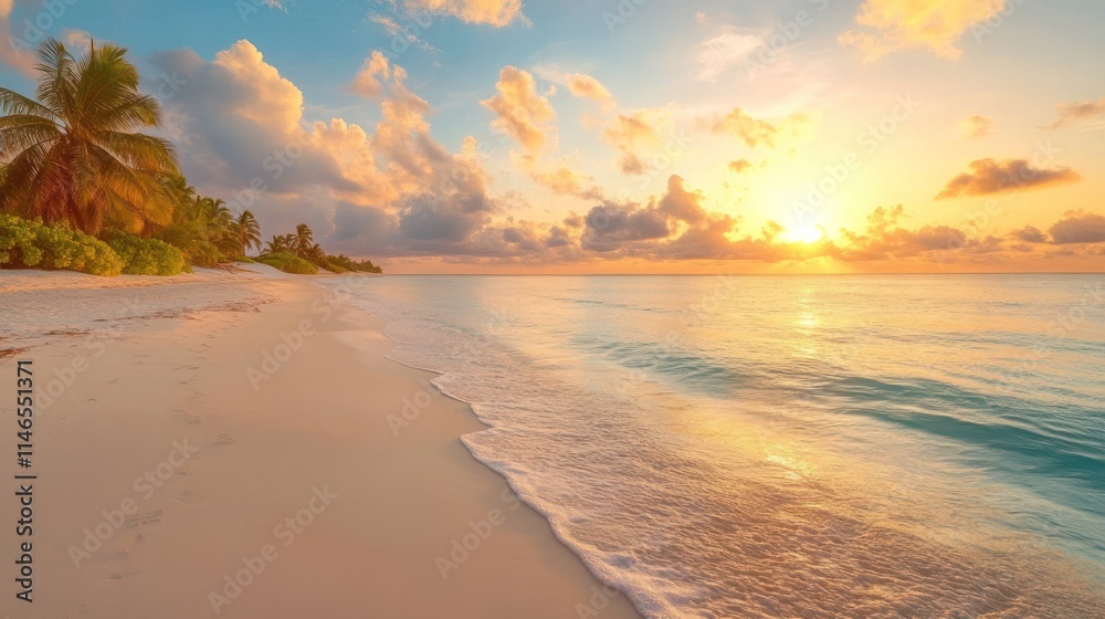 Serene beach at sunset with gentle waves and palm trees. Serene beach at sunset with gentle waves and palm trees.